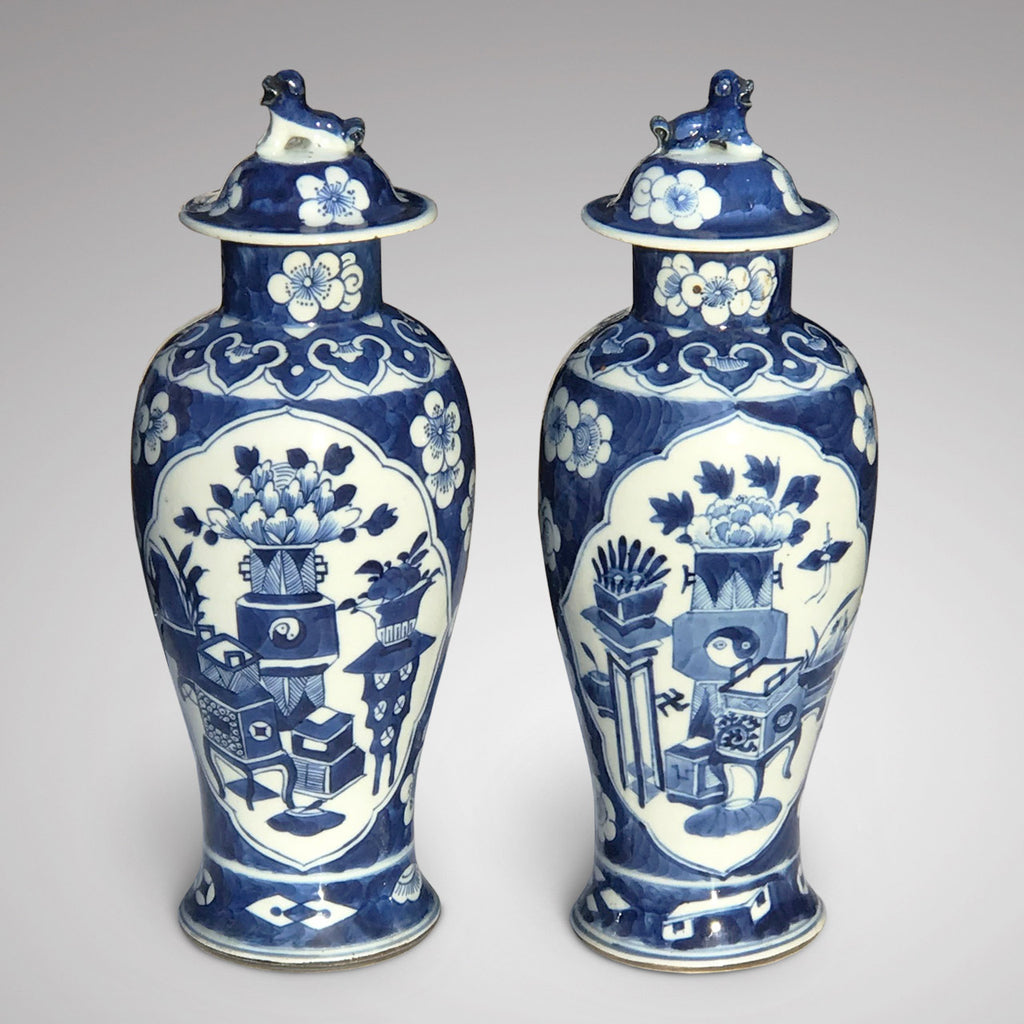 Pair of 19th Century Blue & White Chinese Vases with Covers - Main View -1