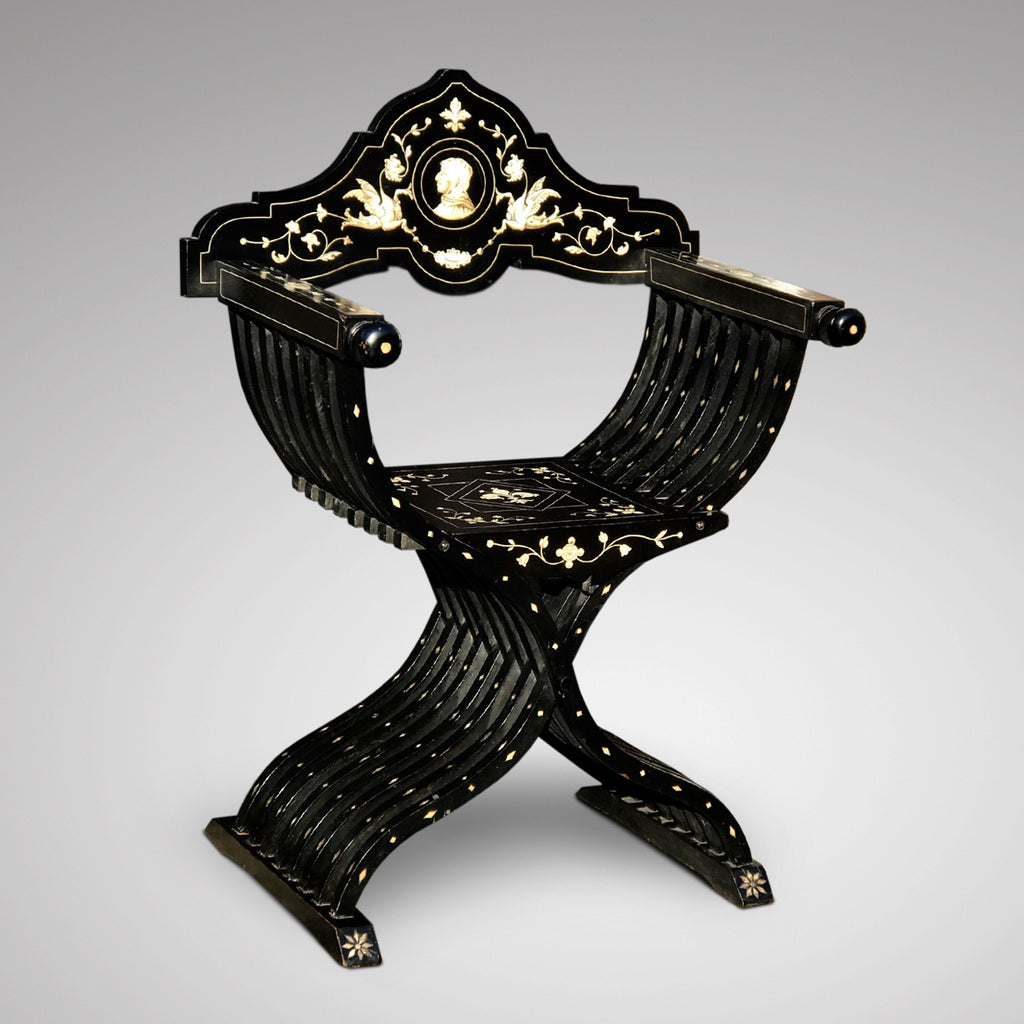 Antique Italian Ebonised & Inlaid Savonarola Chair