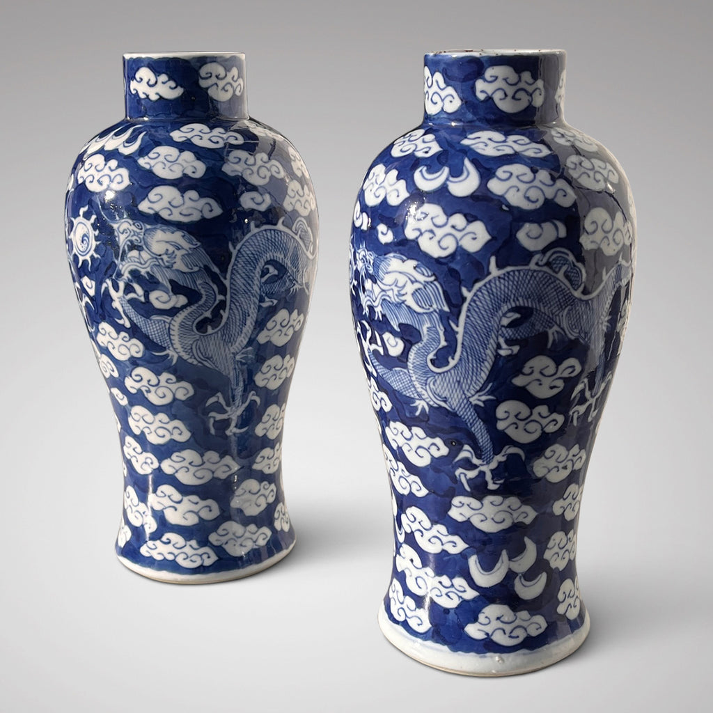 Pair of Qing Blue 7 White Chinese Dragon Vases - Main View - 2